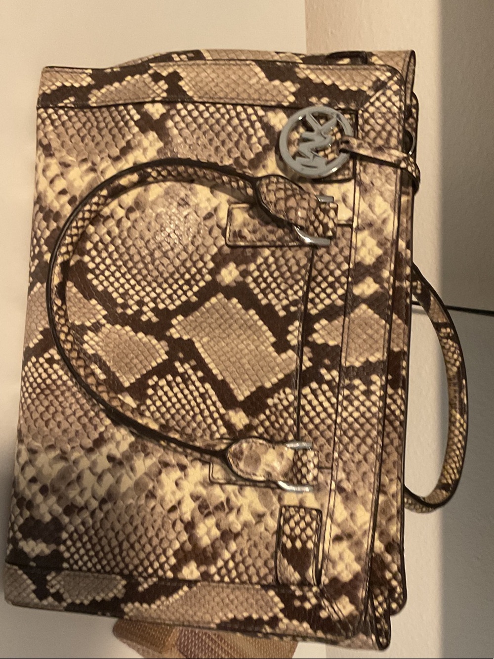 Michael Kors Snake-Print Satchel in Brown and Cream